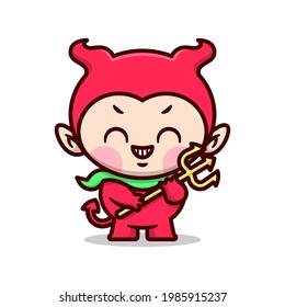 CUTE LITTLE DEVIL IS SMILING AND BRING A GOLDEN TRIDENT.HIGH QUALITY CARTOON MASCOT DESIGN.