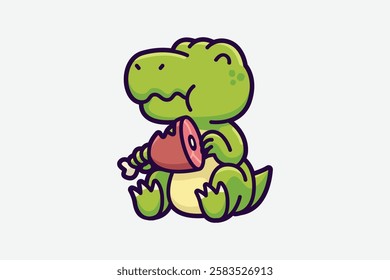 Cute little dino eat meat cartoon illustration