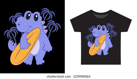 Cute little dino with surfboard cartoon illustration for kids t shirt design