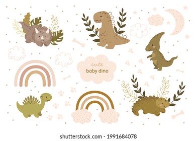Cute little dinos characters set. Cartoon dinosaurs animal for kids cards, baby shower, birthday invitation, house interior. Bright colored childish vector illustration.