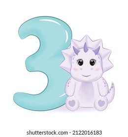 Cute little Dinosaur with Alphabet Number 3