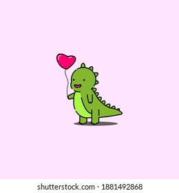 Cute little dinosaur with balloon icon vector illustration. Simple with bold outline.  Jurassic park animal. Red balloon.