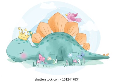 Cute Little Dinosaur With Bird