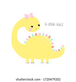 Cute little dinosaur with bow. Childish simple graphic. Vector hand drawn illustration.