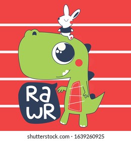 Cute little dinosaur and bunny in vector cartoon slyle with hand drawn lettering