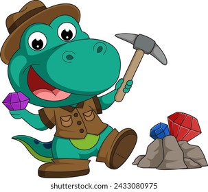 Cute little  dinosaur cartoon diamond miner of illustration