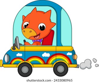 Cute little  dinosaur cartoon driving car of illustration