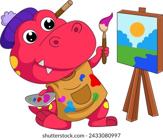 Cute pequeño dinosaurio dibujo animado en lienzo de ilustración