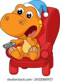 Cute little  dinosaur cartoon sitting on armchair switching channels with remote of illustration