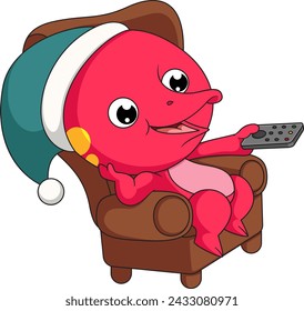 Cute little  dinosaur cartoon sitting on armchair switching channels with remote of illustration