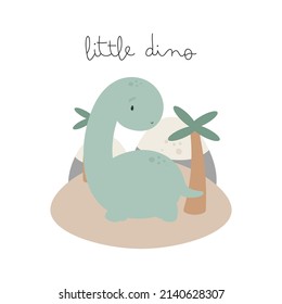 Cute Little Dinosaur. Cartoon style. Vector illustration. For kids stuff, card, posters, banners, children books, printing on the pack, printing on clothes, fabric, wallpaper, textile or dishes.
