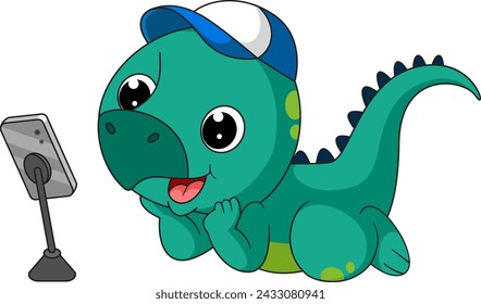 Cute little  dinosaur cartoon taking selfie with phone of illustration