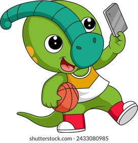 Cute little  dinosaur cartoon taking selfie with phone of illustration