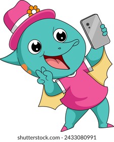 Cute little  dinosaur cartoon taking selfie with phone of illustration