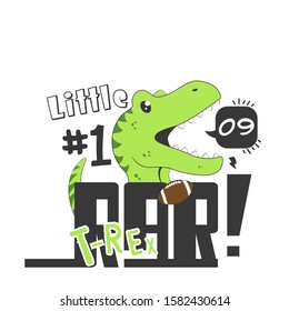 Cute little dinosaur cartoon vector playing American football with text on white background