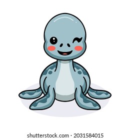 Cute little dinosaur cartoon winking eye