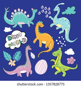 Cute little dinosaur collection on a blue background