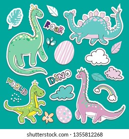 Cute little dinosaur collection patch badges on a blue background