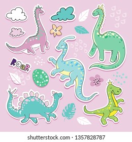 Cute little dinosaur collection patch badges on a pink background