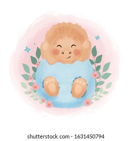 Cute little  dinosaur in the egg. Watercolor vector illustration