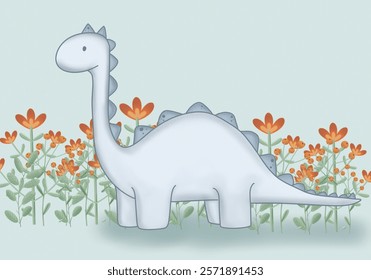 Cute little dinosaur in flowers on a calm background