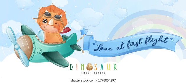 Pequeño dinosaurio lindo volando con ilustración de avión