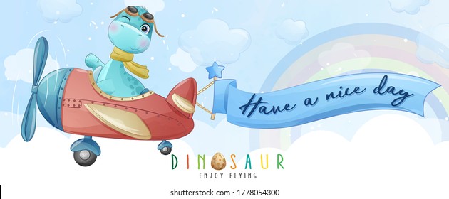 Pequeño dinosaurio lindo volando con ilustración de avión