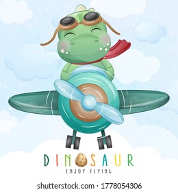 Cute little dinosaur flying with airplane illustration