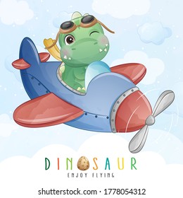 Cute little dinosaur flying with airplane illustration