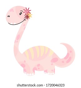 Cute little dinosaur girl. Art dinosaur monster for children's clothing. Vector illustration