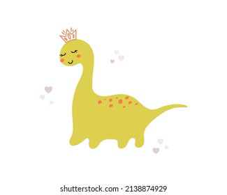 Cute little dinosaur girl drawn in doodle style. Funny vector dino princess illustration for kids textile, prints, posters