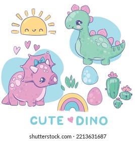 Pequeña y pequeña chica de Dinosaurio dibujada a mano impresión de verano para ropa infantil, camisetas Vector Ilustración