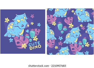 Cute little Dinosaur girl on the blue background hand drawn summer print and seamless pattern for kids Vector Illustration