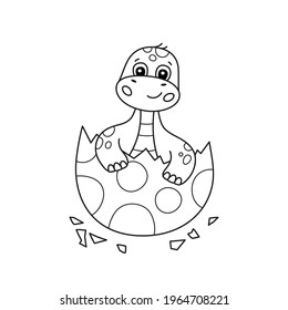 Cute little dinosaur hatches from an egg. Dino for kid coloring book. Baby brontosaurus. Children puzzle game. Black and white cartoon isolated vector illustration on white background