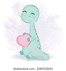 Cute Little Dinosaur with heart, Primeval animal cartoon illustration