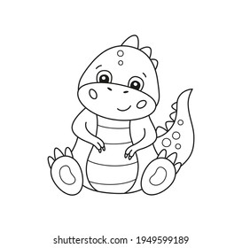 Cute little dinosaur for kid coloring book. Baby tyrannosaurus. Children puzzle game. Black and white cartoon vector illustration on white background