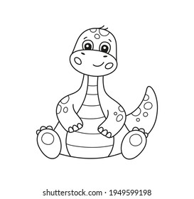 Cute little dinosaur for kid coloring book. Baby brontosaurus. Children puzzle game. Black and white cartoon vector illustration on white background