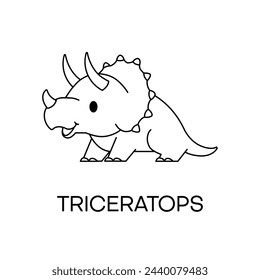 Cute little dinosaur for kid coloring book. Baby triceratops dinosaur isolated on white background. Little dino for t-shirt, kids apparel, poster, nursery or etc. Vector illustration in outline style.