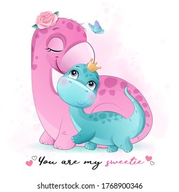 Cute little dinosaur mother and baby with watercolor illustration