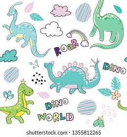 Cute little dinosaur on a white background seamless pattern