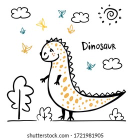 Cute little dinosaur on white background. Vector illustration. Perfect for greeting card, postcard, print, banner.