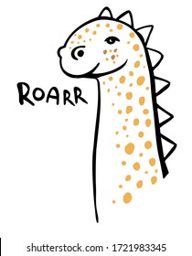 Cute little dinosaur on white background. Vector illustration. Perfect for greeting card, postcard, print, banner.