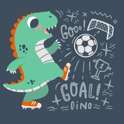 Cute Little Dinosaur Plays Soccer. Dino Plays With Ball On Dark Background Vector Illustration. Ideal For Cards, Poster, Prints, Anniversary, Nursery Clothing, Kids Room