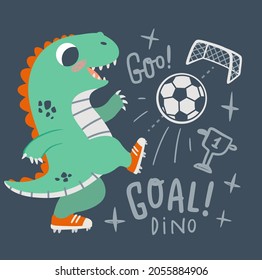 Cute Little Dinosaur Plays Soccer. Dino Plays With Ball On Dark Background Vector Illustration. Ideal For Cards, Poster, Prints, Anniversary, Nursery Clothing, Kids Room