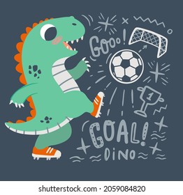 Cute little dinosaur Plays Soccer. Dino plays with ball on dark background vector illustration. Ideal for cards, poster, prints, anniversary, nursery clothing, kids room