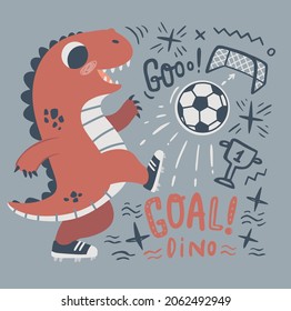 Cute little dinosaur Plays Soccer. Dino plays with the ball on a grey background vector illustration. Ideal for cards, poster, prints, anniversary, nursery clothing, kids room