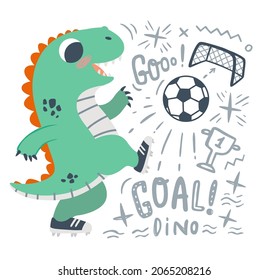 Pequeño dinosaurio juega al fútbol. Dino juega con la bola en la ilustración vectorial de fondo oscuro. Ideal para tarjetas, afiches, impresiones, aniversario, ropa infantil, habitación para niños