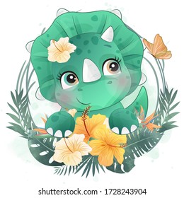Cute little dinosaur portrait with floral