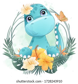 Cute Little Dinosaur Portrait With Floral