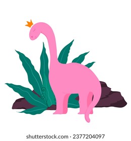Cute little dinosaur portrait. Pink princess in a crown. Cartoon, adorable diplodocus. Vector illustration. Isolated on a white background. Print for a girl in the nursery.